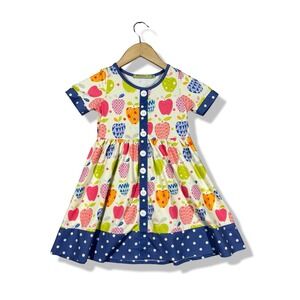 Millie Loves Lily Kids 5 Apple Print Button Front Blue Polka Dot Dress Cute